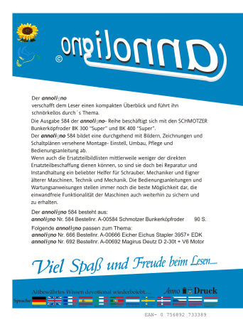 Schmotzer Bunkerköpfroder Typen BK 300 & BK 400 Super  Bild- Bedienungsanleitung & Bild- Einstellanleitung - annoligno 584